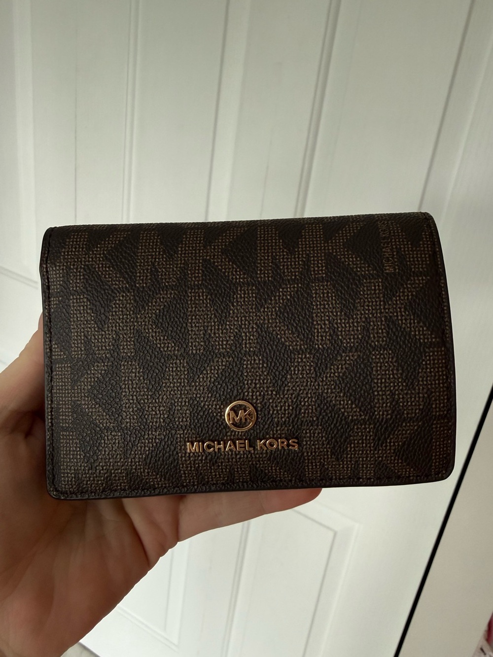 Michael Kors Dark Brown MK Logo Card Holder with Gold Hardware